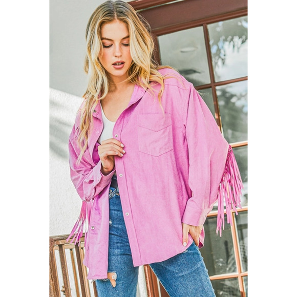 Mauve Pink Fringe Back Detailed Button Down Jacket Shacket - Picture 4 of 5